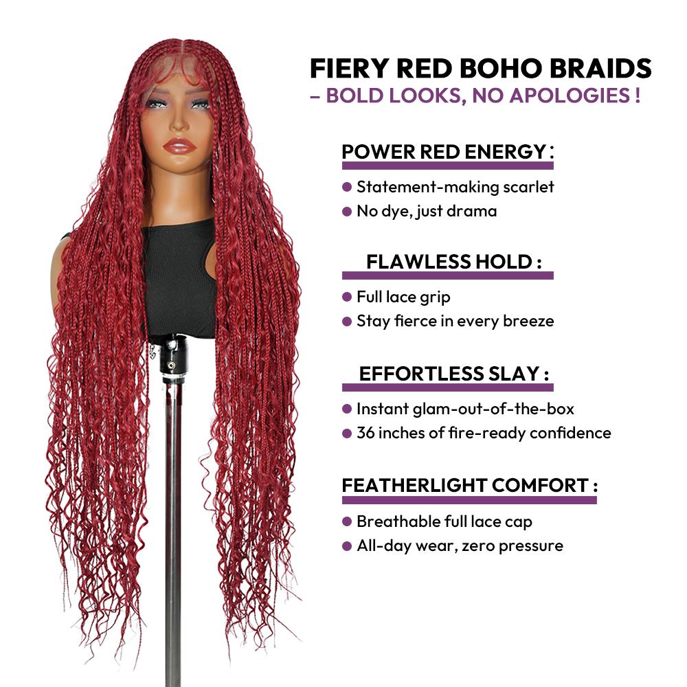 36-Inch Red Boho Knotless Box Braided Wig, Full Lace Wavy Braids, Glueless Synthetic Wig for Black Women | SuperNova Hair