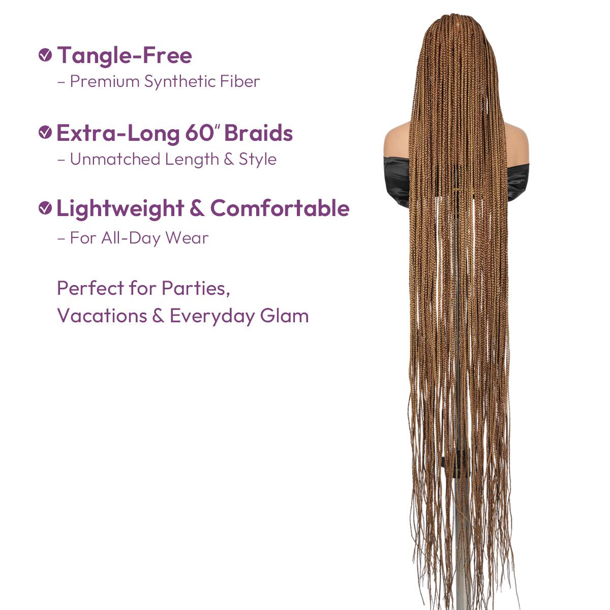 SuperNova 60" Knotless Box Braids Wig, Handmade Full Lace Glueless Braided Wig with Baby Hair - Premium Synthetic Fiber, Lightweight Protective Style for Women
