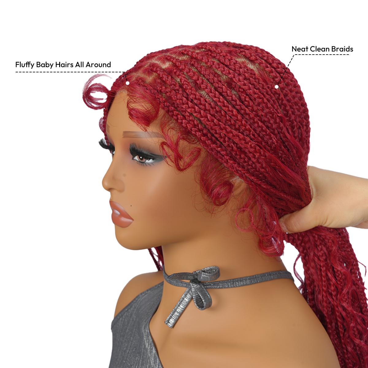 36-Inch Red Boho Knotless Box Braided Wig, Full Lace Wavy Braids, Glueless Synthetic Wig for Black Women | SuperNova Hair
