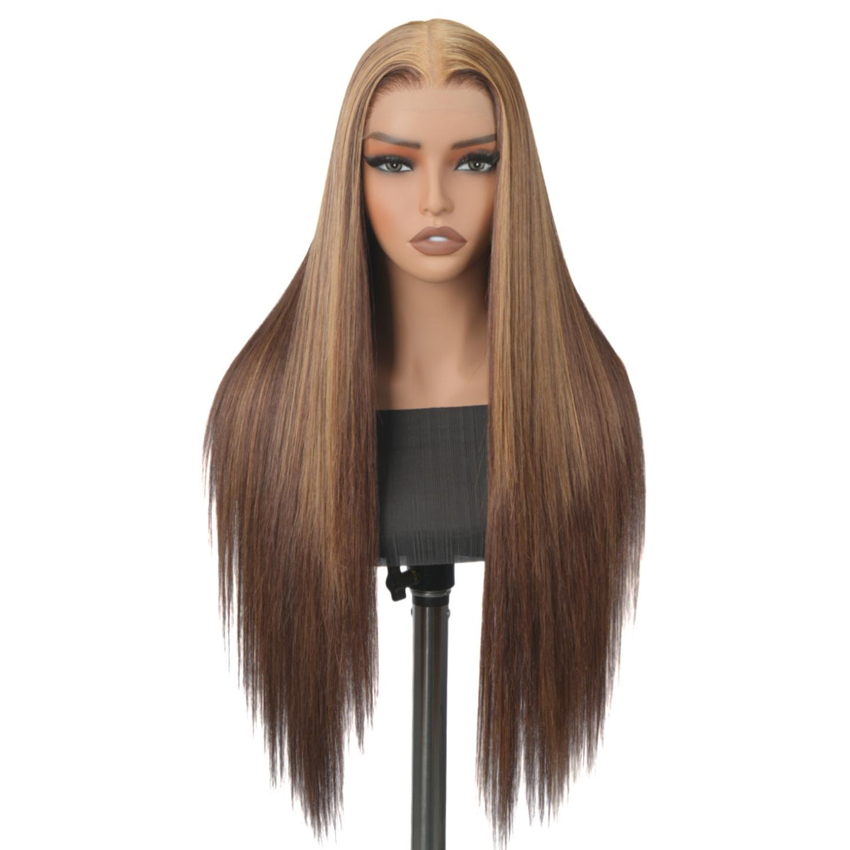 SuperNova 13x6 Lace Front Wig P4/27 Caramel Brown Highlight - Straight Pre-Cut Glueless Synthetic, Natural Hairline