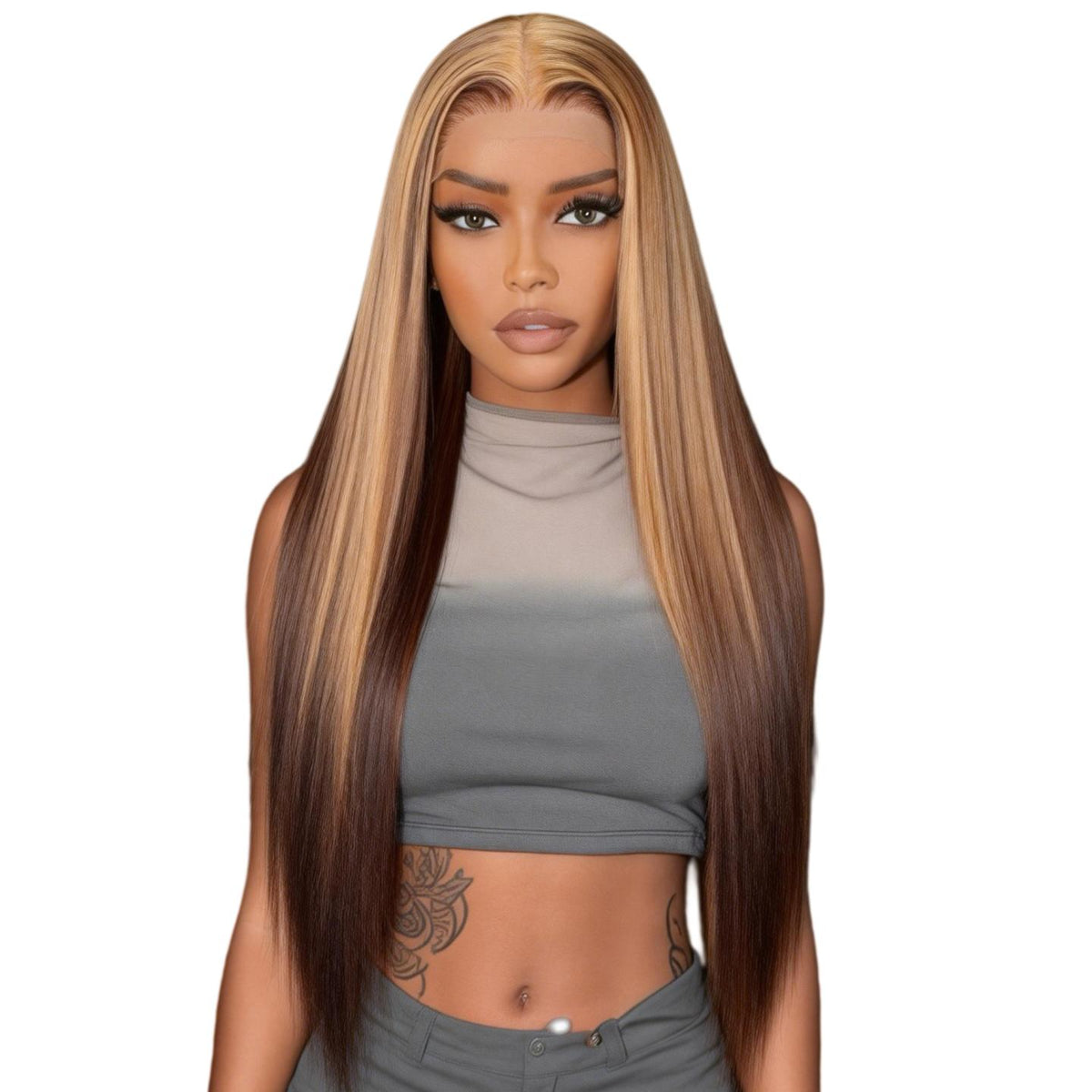 SuperNova 13x6 Lace Front Wig P4/27 Caramel Brown Highlight - Straight Pre-Cut Glueless Synthetic, Natural Hairline