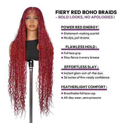 36-Inch Red Boho Knotless Box Braided Wig, Full Lace Wavy Braids, Glueless Synthetic Wig for Black Women | SuperNova Hair
