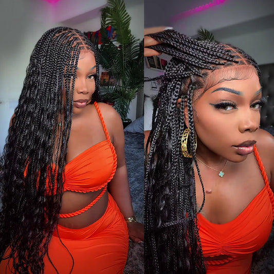 SuperNova 36 Inches Full Lace Premium Synthetic Fiber Bohemian Box Braided Wigs Wavy