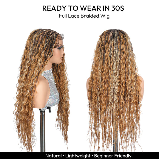 Caramel Honey Glow Color Boho Braids Full Lace Wig 28” | Pre-Cut Lace Drawstring, Ready to Wear Synthetic Lightweight Natural Texture Wig #OT4/27/24 Caramel Brown Highlight Color