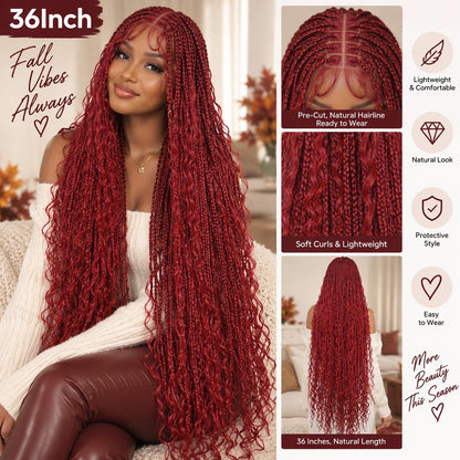 36-Inch Red Boho Knotless Box Braided Wig, Full Lace Wavy Braids, Glueless Synthetic Wig for Black Women | SuperNova Hair