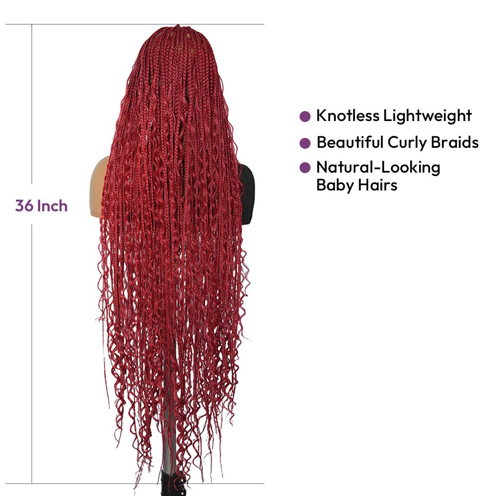 36-Inch Red Boho Knotless Box Braided Wig, Full Lace Wavy Braids, Glueless Synthetic Wig for Black Women | SuperNova Hair