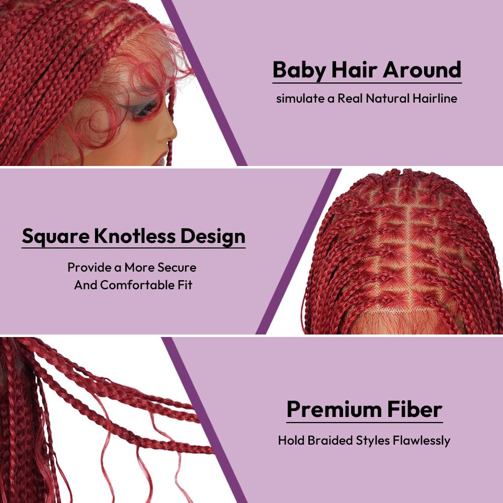 36-Inch Red Boho Knotless Box Braided Wig, Full Lace Wavy Braids, Glueless Synthetic Wig for Black Women | SuperNova Hair