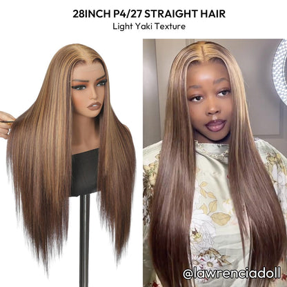 SuperNova 13x6 Lace Front Wig P4/27 Caramel Brown Highlight - Straight Pre-Cut Glueless Synthetic, Natural Hairline
