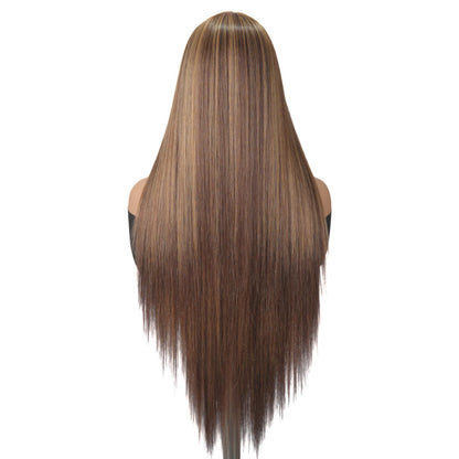 SuperNova 13x6 Lace Front Wig P4/27 Caramel Brown Highlight - Straight Pre-Cut Glueless Synthetic, Natural Hairline