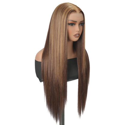 SuperNova 13x6 Lace Front Wig P4/27 Caramel Brown Highlight - Straight Pre-Cut Glueless Synthetic, Natural Hairline