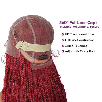 36-Inch Red Boho Knotless Box Braided Wig, Full Lace Wavy Braids, Glueless Synthetic Wig for Black Women | SuperNova Hair