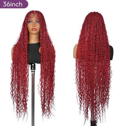 36-Inch Red Boho Knotless Box Braided Wig, Full Lace Wavy Braids, Glueless Synthetic Wig for Black Women | SuperNova Hair