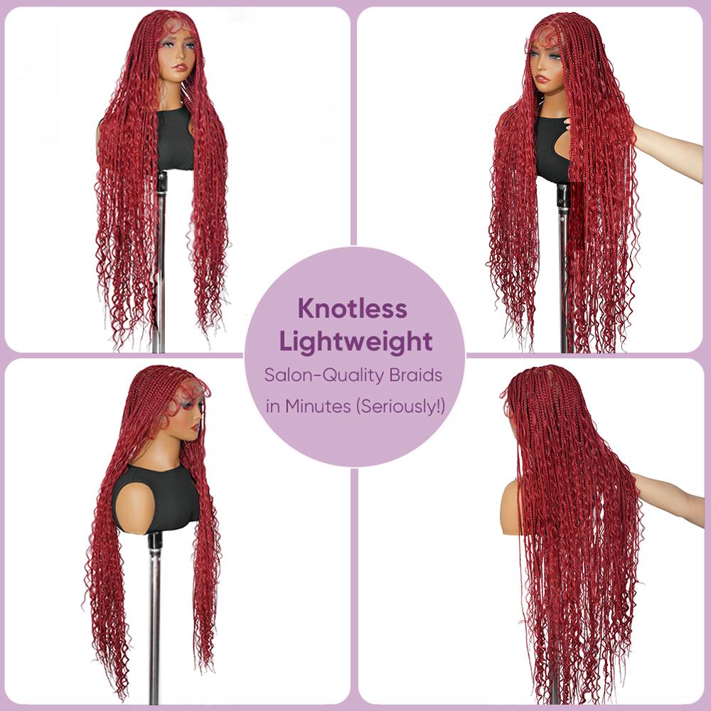 36-Inch Red Boho Knotless Box Braided Wig, Full Lace Wavy Braids, Glueless Synthetic Wig for Black Women | SuperNova Hair