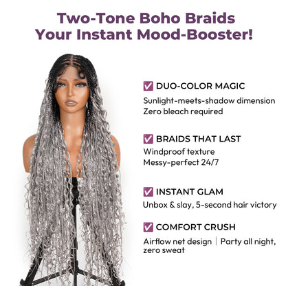 SuperNova 36" #OT1B/Gray Knotless Bohemian Box Braid Wig – Lightweight Synthetic Hair for Protective Styles, Natural Look & Comfort