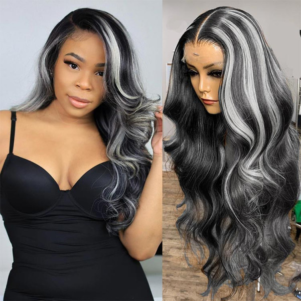 Silver Platinum Grey Highlights On Black Hair Straight Wig -SuperNova Hair