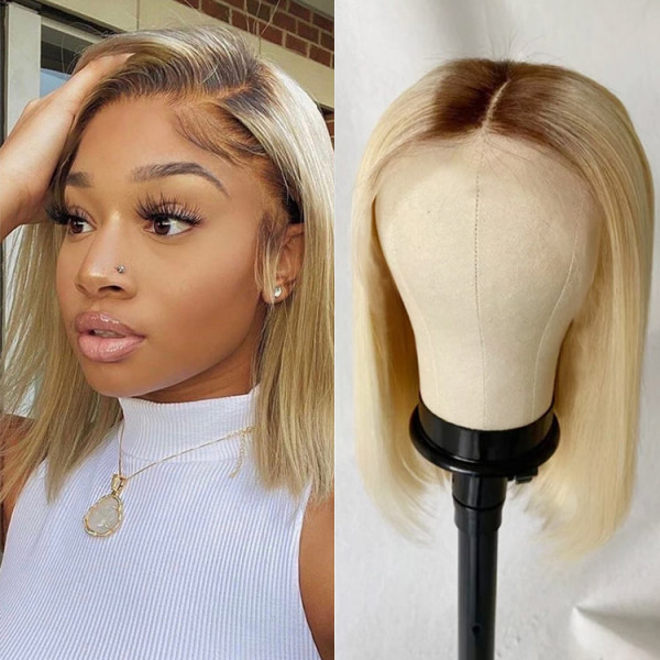 Straight Blonde Ombre Bob Wig With Dark Roots 6x6 Lace Closure Wig  -SuperNova Hair