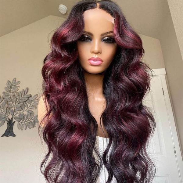 Straight Black Lace Front Wig With Burgundy Highlights -SuperNova Hair