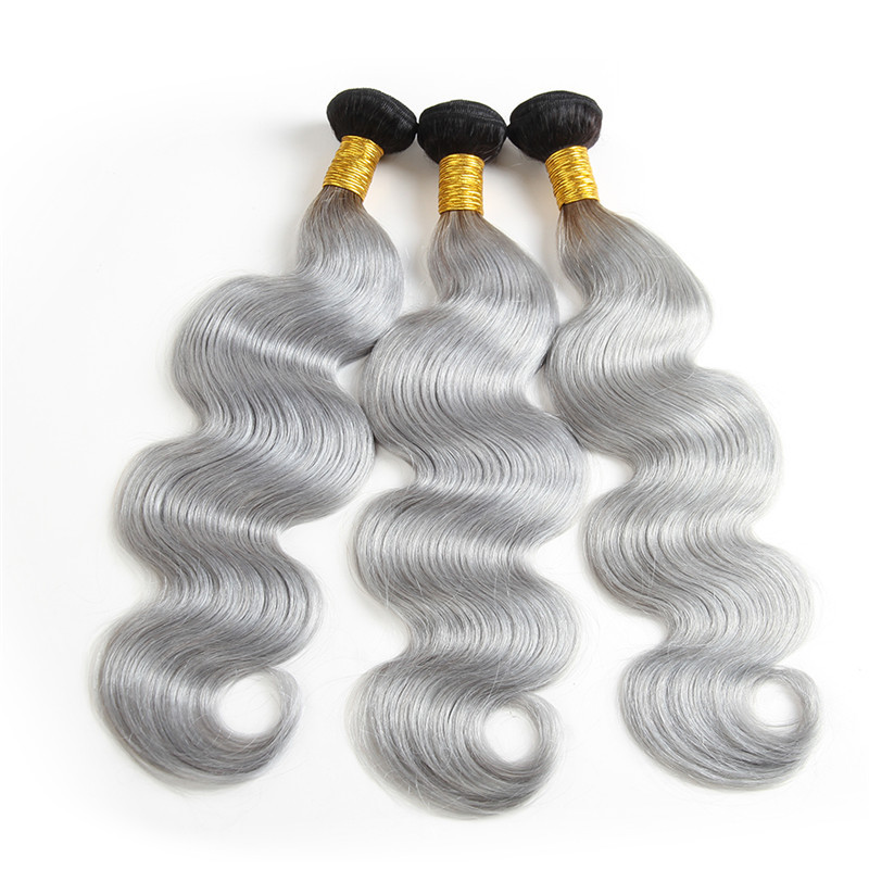 Body Wave Hair Weave 3 Bundles Ombre Silver Gray With Dark Roots