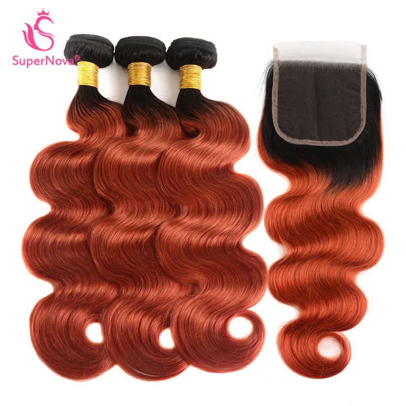 1b 350 Color Ombre Human Hair 3 Bundles With Closure Body Wave