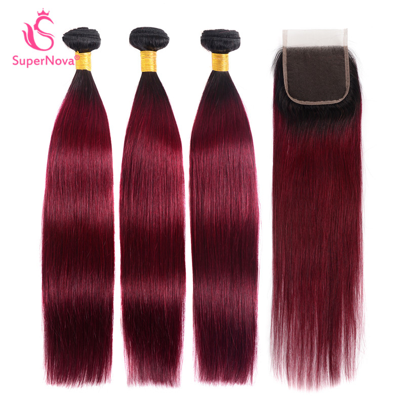 Straight Ombre Hair 3 Bundles With Closure 1b 99j Burgundy
