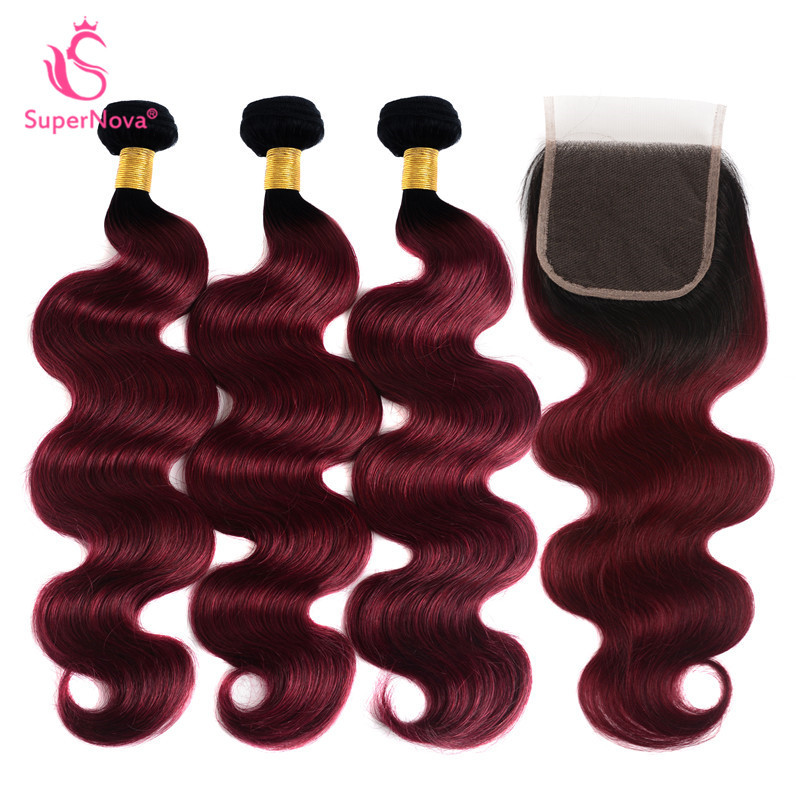 Ombre Hair Body Wave Weave 3 Bundles With Closure 1b Burgundy