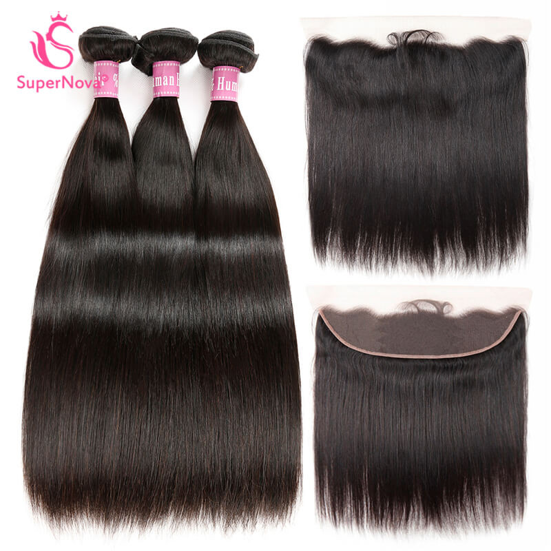 Straight Hair Brazilian Hair 3 Bundles With 134 Lace Frontal Closure
