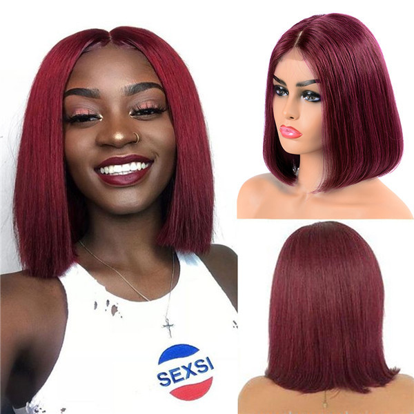 99J Burgundy Color Straight Short Bob Wigs Lace Front Wigs.
