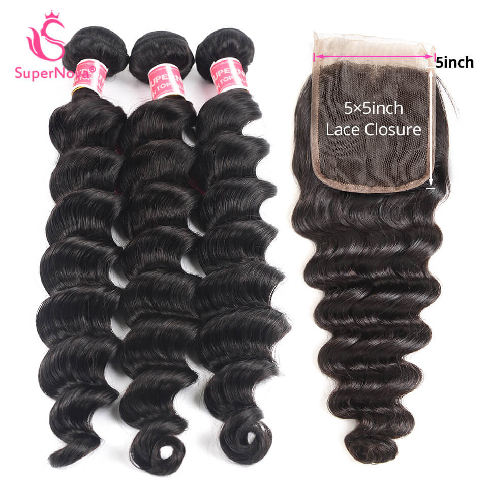 Loose Deep Wave Bundles With Closure 5x5 Inch Super Soft Human Hair Weaves