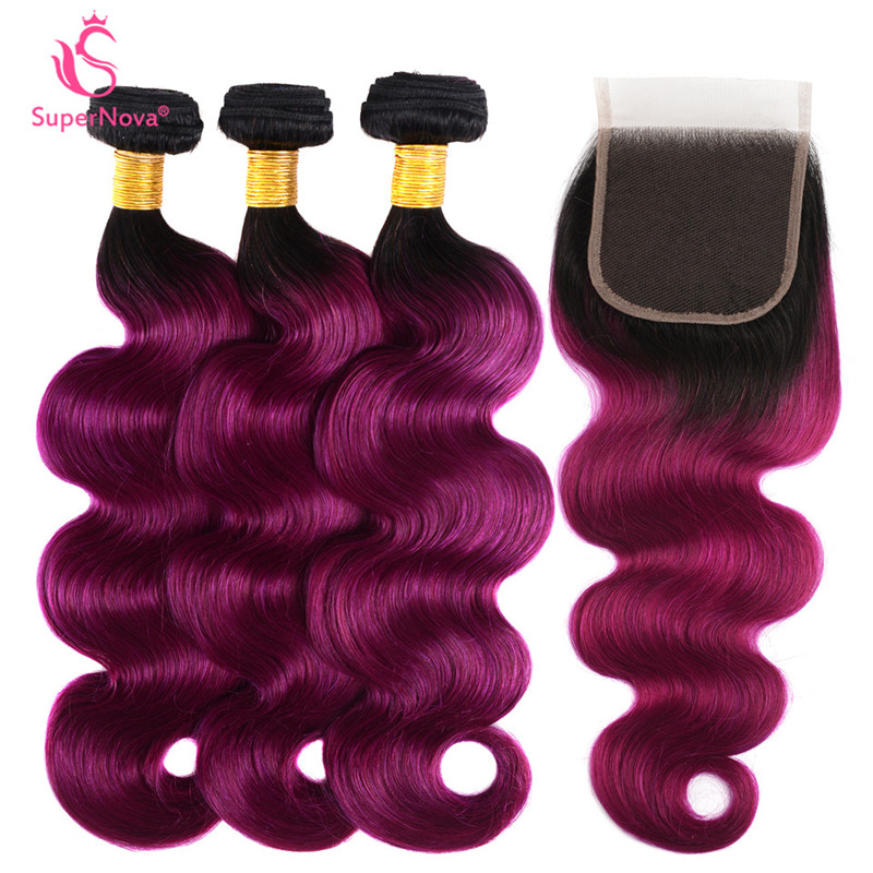 Ombre Hair Color 1bpurple Body Wave 3 Bundles With Closure