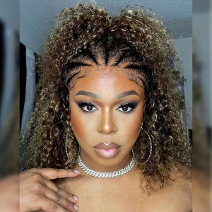 Supernova #4/27 Highlight Human Hair Curly Short Bob Braided Wigs Lace Frontal Knotless 16" 