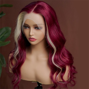 SuperNova Burgundy & Blonde Skunk Stripe Transparent Lace Front Wig