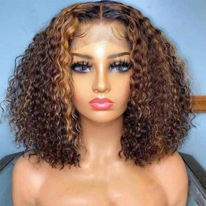 SuperNova Brown Highlight Short Curly Bob Human Hair Lace Front Wigs
