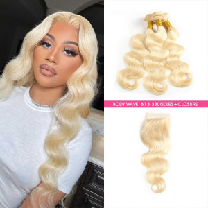 613 Color Body Wave Weave With Lace Closure Honey Blonde Closures
