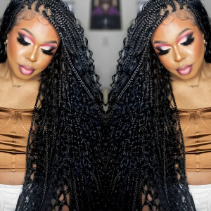 36 Inches Full Double Lace Knotless Premium Synthetic Fiber Bohemian Box Braided Wigs
