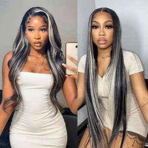 Grey Highlights straight Lace Front Wig