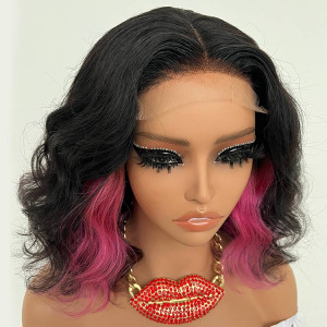 SuperNova Black And Pink Peekaboo Body Wave Bob Wigs Human Hair
