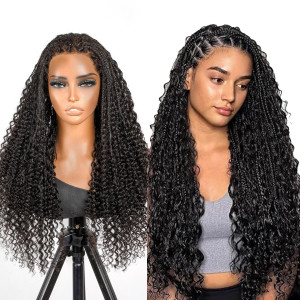 Supernova 100% Human Hair Boho Braided Wig - Natural Black Deep Wave Full Lace Wig, Boho Curly Ends, Medium Size, Pre-Cut Lace for Easy and Natural Styling