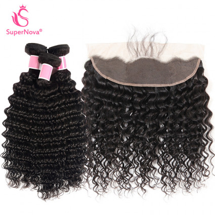 Human Hair Weave Deep Wave Weave 3 Bundles With Lace Frontal Virgin Hair