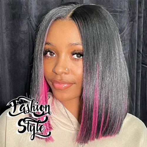 SuperNova Black And Pink Peekaboo Straight Bob Wigs Human Hair