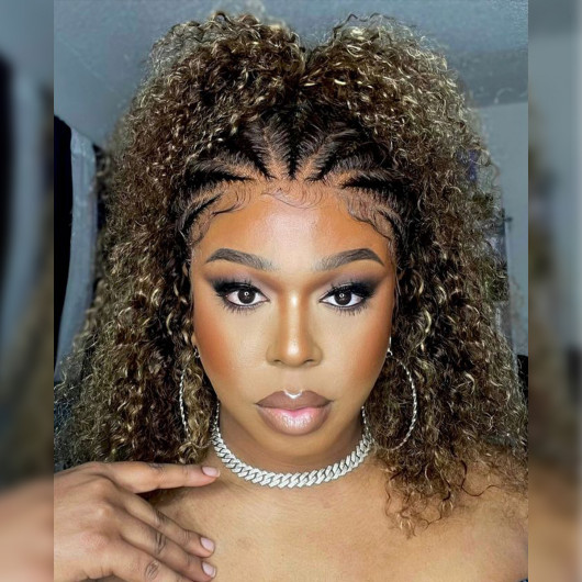 Supernova #4/27 Highlight Human Hair Curly Short Bob Braided Wigs Lace Frontal Knotless 16
