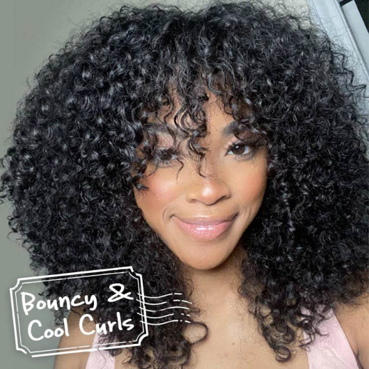 SuperNova Bouncy Shaggy Curly Human Hair Wigs With Bangs Glueless Wig