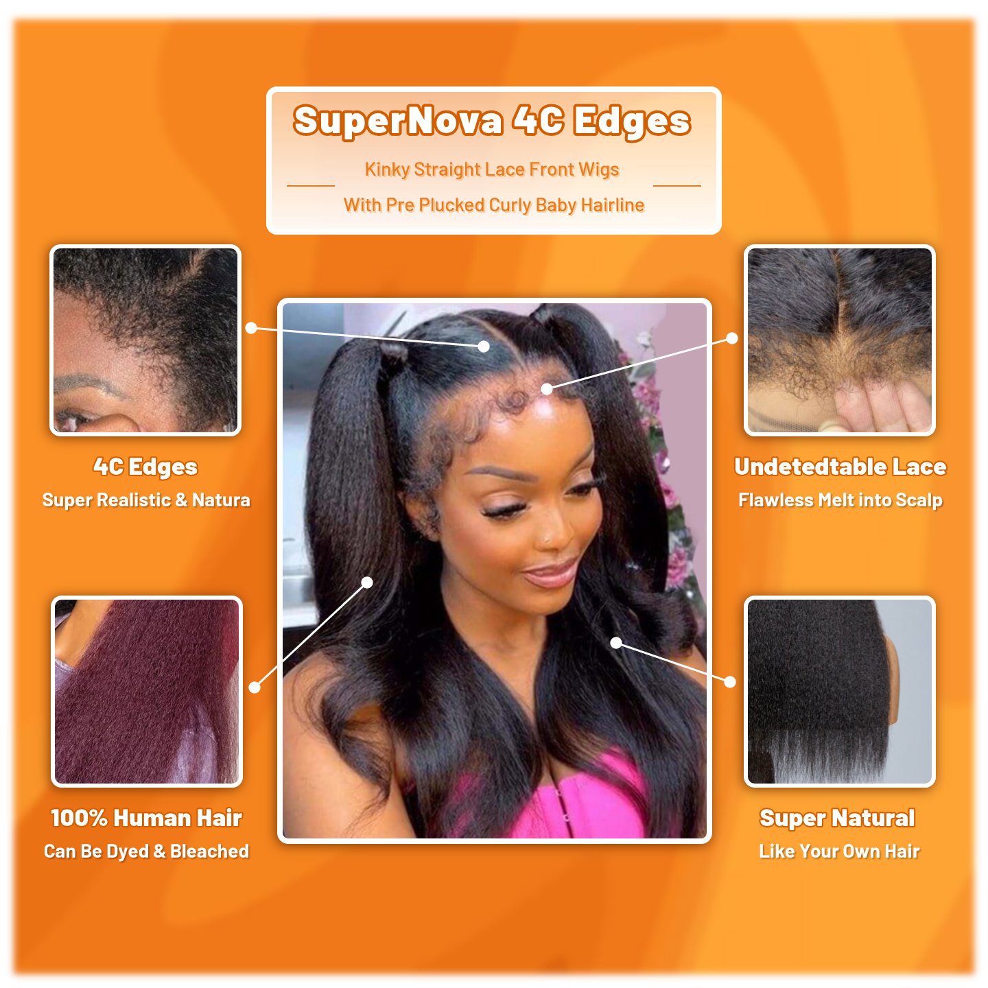 4C Edges Kinky Straight Lace Front Wigs With Pre Plucked Curly Baby Hairline