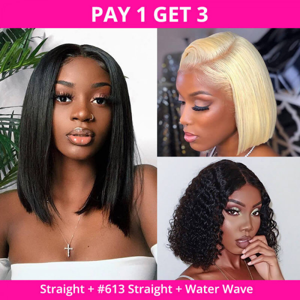 Pay 1 get 3 bob wigs: two straight bob wigs in different colors + one 1B water wave bob wig