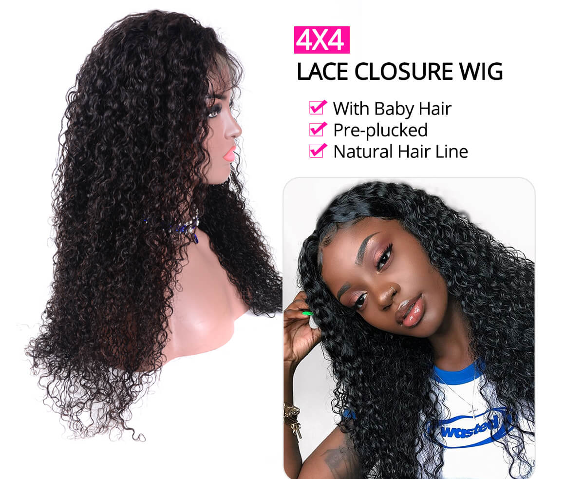 Curly 4x4 Inch Human Hair Lace Closure Wigs Pre Plucked